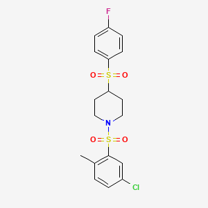 molecular formula C18H19ClFNO4S2 B2461746 1-((5-Chloro-2-methylphenyl)sulfonyl)-4-((4-fluorophenyl)sulfonyl)piperidine CAS No. 1448072-85-2