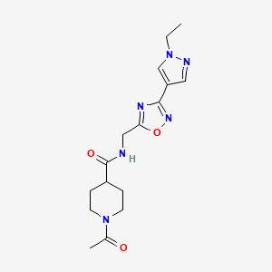 molecular formula C16H22N6O3 B2461833 1-acetyl-N-((3-(1-ethyl-1H-pyrazol-4-yl)-1,2,4-oxadiazol-5-yl)methyl)piperidine-4-carboxamide CAS No. 2034228-63-0