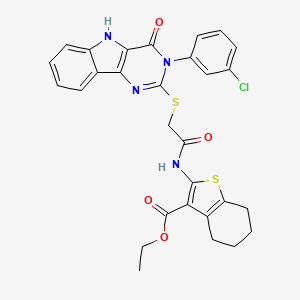 molecular formula C29H25ClN4O4S2 B2462003 ethyl 2-(2-((3-(3-chlorophenyl)-4-oxo-4,5-dihydro-3H-pyrimido[5,4-b]indol-2-yl)thio)acetamido)-4,5,6,7-tetrahydrobenzo[b]thiophene-3-carboxylate CAS No. 536713-18-5