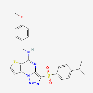 molecular formula C24H23N5O3S2 B2462053 N-[(4-methoxyphenyl)methyl]-10-[4-(propan-2-yl)benzenesulfonyl]-5-thia-1,8,11,12-tetraazatricyclo[7.3.0.0^{2,6}]dodeca-2(6),3,7,9,11-pentaen-7-amine CAS No. 892739-49-0