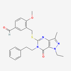 molecular formula C25H26N4O3S B2462264 3-({[1-ethyl-3-methyl-7-oxo-6-(2-phenylethyl)-1H,6H,7H-pyrazolo[4,3-d]pyrimidin-5-yl]sulfanyl}methyl)-4-methoxybenzaldehyde CAS No. 1286141-64-7