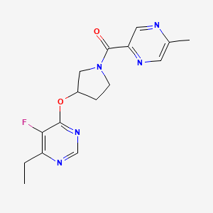molecular formula C16H18FN5O2 B2462429 (3-((6-Ethyl-5-fluoropyrimidin-4-yl)oxy)pyrrolidin-1-yl)(5-methylpyrazin-2-yl)methanone CAS No. 2034319-77-0