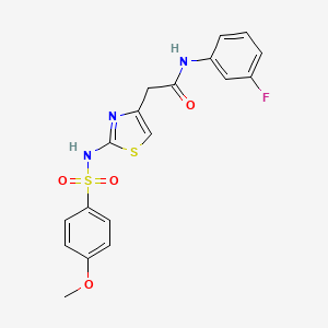 molecular formula C18H16FN3O4S2 B2462473 N-(3-fluorophenyl)-2-(2-(4-methoxyphenylsulfonamido)thiazol-4-yl)acetamide CAS No. 922074-75-7