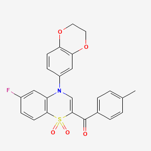 molecular formula C24H18FNO5S B2462557 [4-(2,3-dihydro-1,4-benzodioxin-6-yl)-6-fluoro-1,1-dioxido-4H-1,4-benzothiazin-2-yl](4-methylphenyl)methanone CAS No. 1114650-69-9