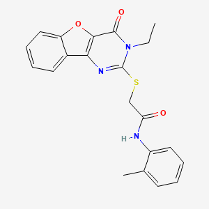 molecular formula C21H19N3O3S B2462609 2-[(3-ethyl-4-oxo-3,4-dihydro[1]benzofuro[3,2-d]pyrimidin-2-yl)sulfanyl]-N-(2-methylphenyl)acetamide CAS No. 899962-11-9