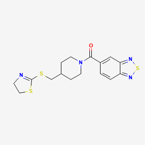 molecular formula C16H18N4OS3 B2462624 Benzo[c][1,2,5]thiadiazol-5-yl(4-(((4,5-dihydrothiazol-2-yl)thio)methyl)piperidin-1-yl)methanone CAS No. 1396856-31-7