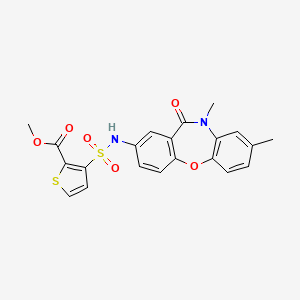 molecular formula C21H18N2O6S2 B2462680 methyl 3-({6,9-dimethyl-10-oxo-2-oxa-9-azatricyclo[9.4.0.0^{3,8}]pentadeca-1(11),3(8),4,6,12,14-hexaen-13-yl}sulfamoyl)thiophene-2-carboxylate CAS No. 1251552-40-5