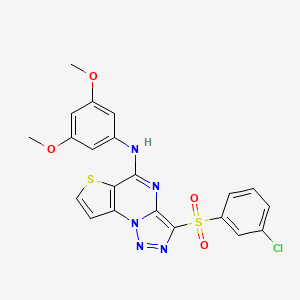 molecular formula C21H16ClN5O4S2 B2462877 10-(3-chlorobenzenesulfonyl)-N-(3,5-dimethoxyphenyl)-5-thia-1,8,11,12-tetraazatricyclo[7.3.0.0^{2,6}]dodeca-2(6),3,7,9,11-pentaen-7-amine CAS No. 892729-84-9