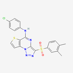 molecular formula C21H16ClN5O2S2 B2462913 N-(4-chlorophenyl)-10-(3,4-dimethylbenzenesulfonyl)-5-thia-1,8,11,12-tetraazatricyclo[7.3.0.0^{2,6}]dodeca-2(6),3,7,9,11-pentaen-7-amine CAS No. 892735-81-8