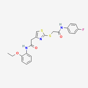 molecular formula C21H20FN3O3S2 B2463190 N-(2-ethoxyphenyl)-2-(2-((2-((4-fluorophenyl)amino)-2-oxoethyl)thio)thiazol-4-yl)acetamide CAS No. 942001-17-4