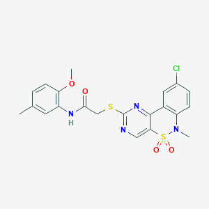 molecular formula C21H19ClN4O4S2 B2463217 2-((9-chloro-6-methyl-5,5-dioxido-6H-benzo[c]pyrimido[4,5-e][1,2]thiazin-2-yl)thio)-N-(2-methoxy-5-methylphenyl)acetamide CAS No. 1110973-87-9