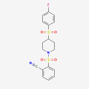 molecular formula C18H17FN2O4S2 B2463236 2-((4-((4-Fluorophenyl)sulfonyl)piperidin-1-yl)sulfonyl)benzonitrile CAS No. 1448124-40-0