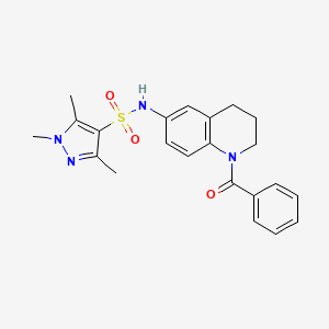 molecular formula C22H24N4O3S B2463255 N-(1-benzoyl-1,2,3,4-tetrahydroquinolin-6-yl)-1,3,5-trimethyl-1H-pyrazole-4-sulfonamide CAS No. 1428373-07-2