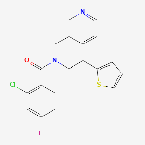 molecular formula C19H16ClFN2OS B2463453 2-chloro-4-fluoro-N-(pyridin-3-ylmethyl)-N-(2-(thiophen-2-yl)ethyl)benzamide CAS No. 1396673-82-7