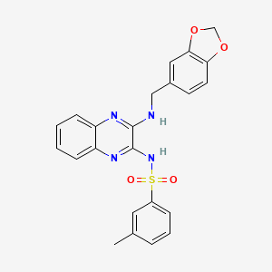 molecular formula C23H20N4O4S B2463682 N-(3-{[(2H-1,3-benzodioxol-5-yl)methyl]amino}quinoxalin-2-yl)-3-methylbenzene-1-sulfonamide CAS No. 714925-44-7
