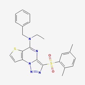 molecular formula C24H23N5O2S2 B2463703 N-benzyl-10-(2,5-dimethylbenzenesulfonyl)-N-ethyl-5-thia-1,8,11,12-tetraazatricyclo[7.3.0.0^{2,6}]dodeca-2(6),3,7,9,11-pentaen-7-amine CAS No. 892745-77-6