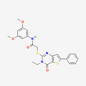 molecular formula C24H23N3O4S2 B2463776 N-(3,5-dimethoxyphenyl)-2-({3-ethyl-4-oxo-6-phenyl-3H,4H-thieno[3,2-d]pyrimidin-2-yl}sulfanyl)acetamide CAS No. 1207003-37-9
