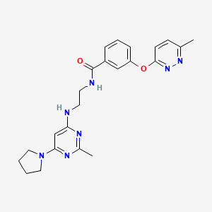molecular formula C23H27N7O2 B2463902 N-(2-((2-methyl-6-(pyrrolidin-1-yl)pyrimidin-4-yl)amino)ethyl)-3-((6-methylpyridazin-3-yl)oxy)benzamide CAS No. 1251683-37-0