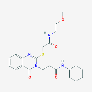 molecular formula C22H30N4O4S B2463993 N-cyclohexyl-3-(2-((2-((2-methoxyethyl)amino)-2-oxoethyl)thio)-4-oxoquinazolin-3(4H)-yl)propanamide CAS No. 422281-11-6
