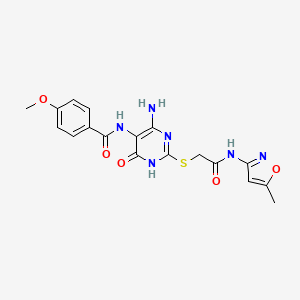 molecular formula C18H18N6O5S B2464489 N-(4-amino-2-((2-((5-methylisoxazol-3-yl)amino)-2-oxoethyl)thio)-6-oxo-1,6-dihydropyrimidin-5-yl)-4-methoxybenzamide CAS No. 888418-84-6