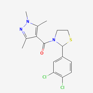 molecular formula C16H17Cl2N3OS B2464788 (2-(3,4-dichlorophenyl)thiazolidin-3-yl)(1,3,5-trimethyl-1H-pyrazol-4-yl)methanone CAS No. 2034615-12-6