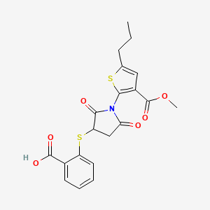 molecular formula C20H19NO6S2 B2464840 2-((1-(3-(Methoxycarbonyl)-5-propylthiophen-2-yl)-2,5-dioxopyrrolidin-3-yl)thio)benzoic acid CAS No. 924861-11-0
