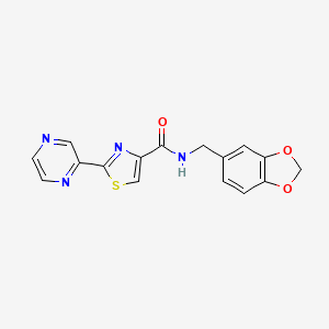 molecular formula C16H12N4O3S B2464862 N-(benzo[d][1,3]dioxol-5-ylmethyl)-2-(pyrazin-2-yl)thiazole-4-carboxamide CAS No. 1235096-60-2