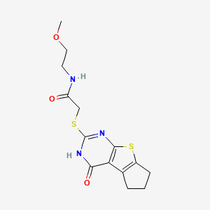 molecular formula C14H17N3O3S2 B2464896 N-(2-methoxyethyl)-2-((4-oxo-4,5,6,7-tetrahydro-3H-cyclopenta[4,5]thieno[2,3-d]pyrimidin-2-yl)thio)acetamide CAS No. 433328-49-5