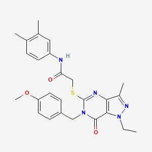 molecular formula C26H29N5O3S B2465079 N-(3,4-dimethylphenyl)-2-({1-ethyl-6-[(4-methoxyphenyl)methyl]-3-methyl-7-oxo-1H,6H,7H-pyrazolo[4,3-d]pyrimidin-5-yl}sulfanyl)acetamide CAS No. 1359310-54-5