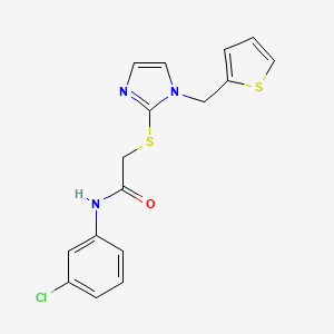 molecular formula C16H14ClN3OS2 B2465099 N-(3-chlorophenyl)-2-((1-(thiophen-2-ylmethyl)-1H-imidazol-2-yl)thio)acetamide CAS No. 921489-02-3