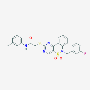 molecular formula C27H23FN4O3S2 B2465100 N-(2,3-dimethylphenyl)-2-((6-(3-fluorobenzyl)-5,5-dioxido-6H-benzo[c]pyrimido[4,5-e][1,2]thiazin-2-yl)thio)acetamide CAS No. 932476-05-6