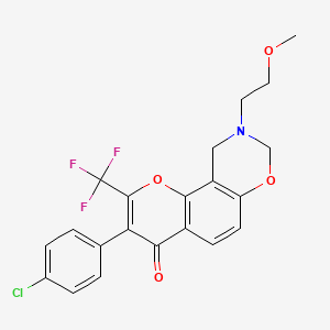 molecular formula C21H17ClF3NO4 B2465178 3-(4-chlorophenyl)-9-(2-methoxyethyl)-2-(trifluoromethyl)-9,10-dihydrochromeno[8,7-e][1,3]oxazin-4(8H)-one CAS No. 951936-50-8