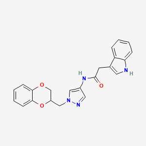 molecular formula C22H20N4O3 B2465194 N-(1-((2,3-dihydrobenzo[b][1,4]dioxin-2-yl)methyl)-1H-pyrazol-4-yl)-2-(1H-indol-3-yl)acetamide CAS No. 1706275-96-8