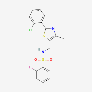 molecular formula C17H14ClFN2O2S2 B2465262 N-((2-(2-chlorophenyl)-4-methylthiazol-5-yl)methyl)-2-fluorobenzenesulfonamide CAS No. 2034358-61-5