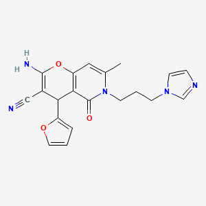 molecular formula C20H19N5O3 B2465303 2-amino-4-(furan-2-yl)-6-[3-(1H-imidazol-1-yl)propyl]-7-methyl-5-oxo-4H,5H,6H-pyrano[3,2-c]pyridine-3-carbonitrile CAS No. 881218-72-0