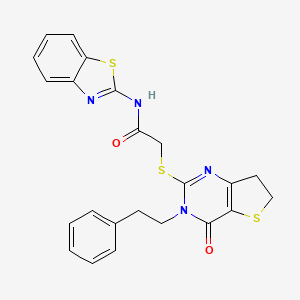 molecular formula C23H20N4O2S3 B2465417 N-(1,3-benzothiazol-2-yl)-2-{[4-oxo-3-(2-phenylethyl)-3H,4H,6H,7H-thieno[3,2-d]pyrimidin-2-yl]sulfanyl}acetamide CAS No. 877652-62-5