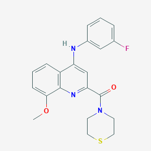 B2465420 (4-((3-Fluorophenyl)amino)-8-methoxyquinolin-2-yl)(thiomorpholino)methanone CAS No. 1251546-79-8