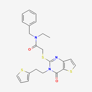 molecular formula C23H23N3O2S3 B2465426 N-benzyl-N-ethyl-2-({4-oxo-3-[2-(thiophen-2-yl)ethyl]-3,4-dihydrothieno[3,2-d]pyrimidin-2-yl}sulfanyl)acetamide CAS No. 1260625-77-1