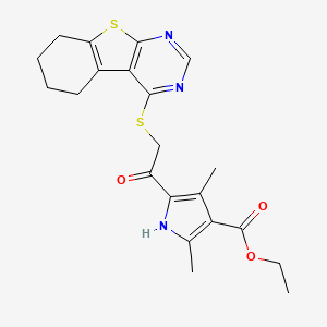 molecular formula C21H23N3O3S2 B2465594 ethyl 2,4-dimethyl-5-(2-{8-thia-4,6-diazatricyclo[7.4.0.0^{2,7}]trideca-1(9),2(7),3,5-tetraen-3-ylsulfanyl}acetyl)-1H-pyrrole-3-carboxylate CAS No. 303787-86-2