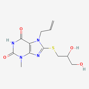 molecular formula C12H16N4O4S B2465670 7-allyl-8-((2,3-dihydroxypropyl)thio)-3-methyl-1H-purine-2,6(3H,7H)-dione CAS No. 378204-14-9