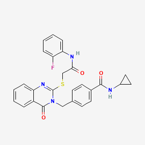 molecular formula C27H23FN4O3S B2465678 N-cyclopropyl-4-((2-((2-((2-fluorophenyl)amino)-2-oxoethyl)thio)-4-oxoquinazolin-3(4H)-yl)methyl)benzamide CAS No. 1115360-36-5