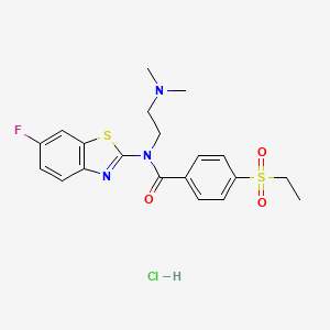 molecular formula C20H23ClFN3O3S2 B2465687 N-(2-(dimethylamino)ethyl)-4-(ethylsulfonyl)-N-(6-fluorobenzo[d]thiazol-2-yl)benzamide hydrochloride CAS No. 1215679-96-1