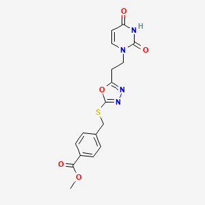 molecular formula C17H16N4O5S B2465704 methyl 4-(((5-(2-(2,4-dioxo-3,4-dihydropyrimidin-1(2H)-yl)ethyl)-1,3,4-oxadiazol-2-yl)thio)methyl)benzoate CAS No. 946307-32-0