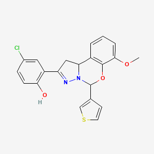 molecular formula C21H17ClN2O3S B2465727 4-chloro-2-(7-methoxy-5-(thiophen-3-yl)-5,10b-dihydro-1H-benzo[e]pyrazolo[1,5-c][1,3]oxazin-2-yl)phenol CAS No. 899939-72-1