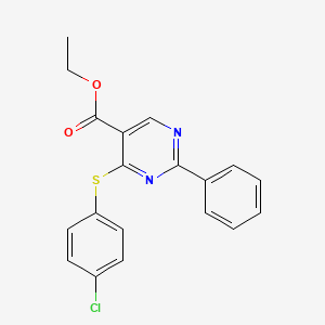 molecular formula C19H15ClN2O2S B2465742 Ethyl 4-[(4-chlorophenyl)sulfanyl]-2-phenyl-5-pyrimidinecarboxylate CAS No. 477854-48-1