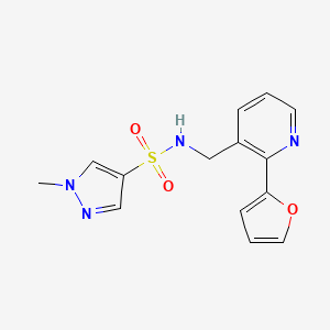 molecular formula C14H14N4O3S B2465786 N-((2-(furan-2-yl)pyridin-3-yl)methyl)-1-methyl-1H-pyrazole-4-sulfonamide CAS No. 2034345-71-4