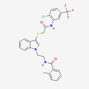 molecular formula C27H23ClF3N3O2S B2465821 N-[2-[3-[2-[2-chloro-5-(trifluoromethyl)anilino]-2-oxoethyl]sulfanylindol-1-yl]ethyl]-2-methylbenzamide CAS No. 532970-38-0