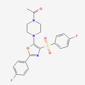 molecular formula C21H19F2N3O4S B2465839 1-(4-(2-(4-Fluorophenyl)-4-((4-fluorophenyl)sulfonyl)oxazol-5-yl)piperazin-1-yl)ethanone CAS No. 946378-59-2