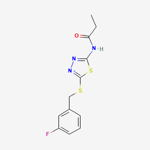 molecular formula C12H12FN3OS2 B2465847 N-[5-[(3-fluorophenyl)methylsulfanyl]-1,3,4-thiadiazol-2-yl]propanamide CAS No. 392303-17-2