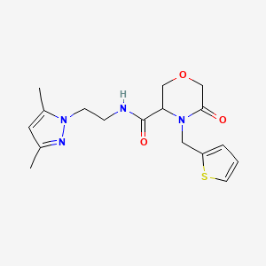 molecular formula C17H22N4O3S B2465855 N-(2-(3,5-dimethyl-1H-pyrazol-1-yl)ethyl)-5-oxo-4-(thiophen-2-ylmethyl)morpholine-3-carboxamide CAS No. 1421443-97-1